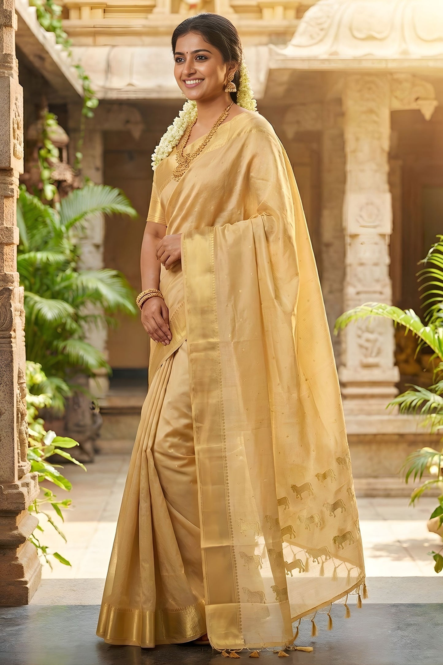 Royal Beige Kanjivaram Silk Saree Gold Zari Border Traditional Motif Pallu