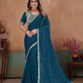 Royal Teal Blue Soft Fandy Satin Fabric Saree Embroidery Beads Work