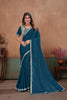 Royal Teal Blue Soft Fandy Satin Fabric Saree Embroidery Beads Work