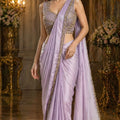 Luxury Lavender Satin Silk Saree Heavy Mirror Embroidered Designer Blouse 