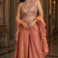 Rose Gold Shimmer Palazzo Set Embroidered Halter Neck Blouse