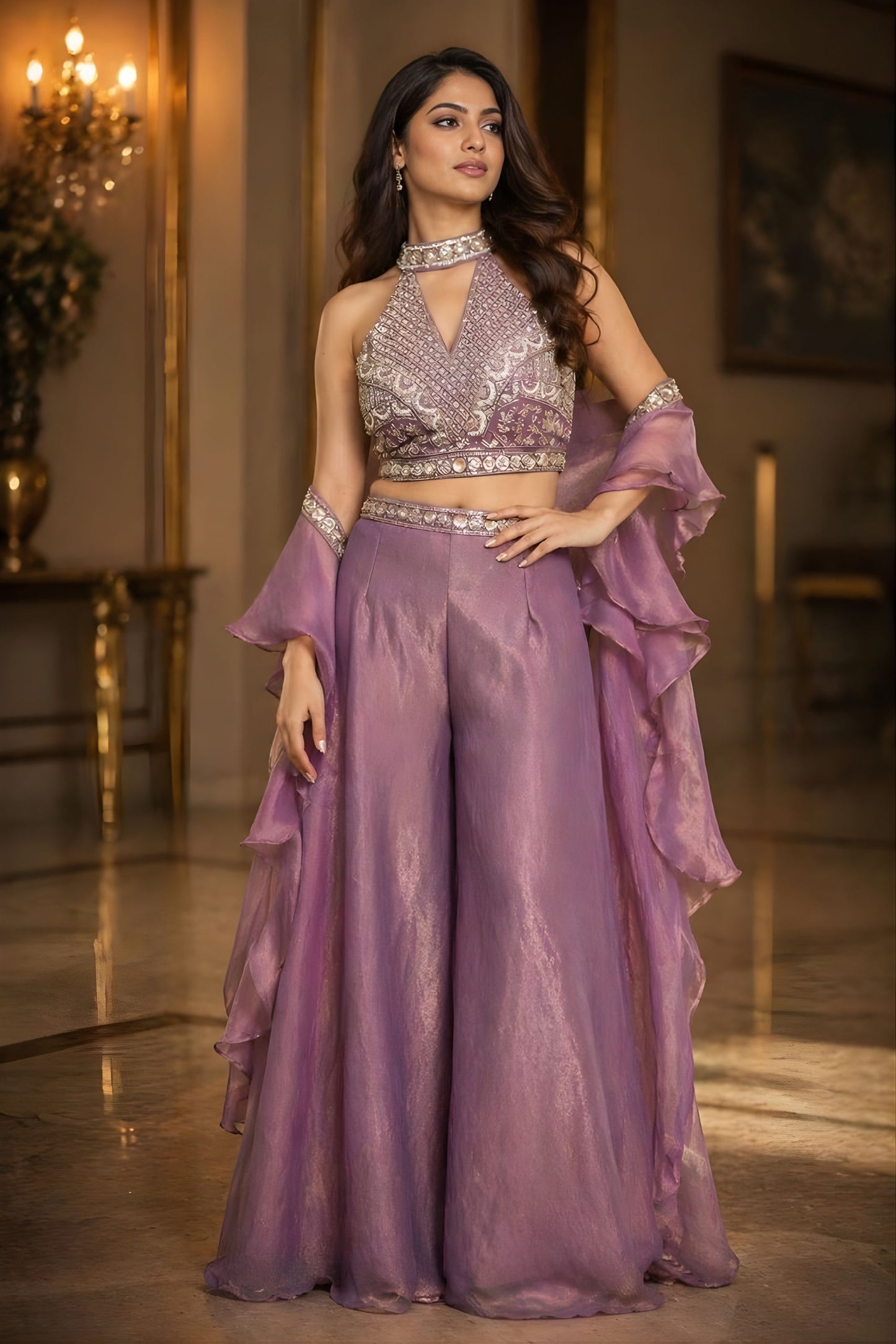 Lavender Palazzo Set with Heavy Beads Work Halter Neck Blouse