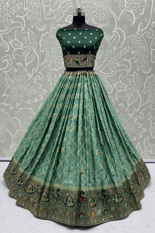 Elegant Green Georgette Bridal Lehenga Choli with Heavy Zari and Resham Work