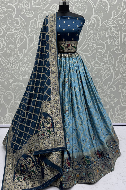 Striking Blue Georgette Bridal Lehenga Choli with Heavy Zari and Resham Work