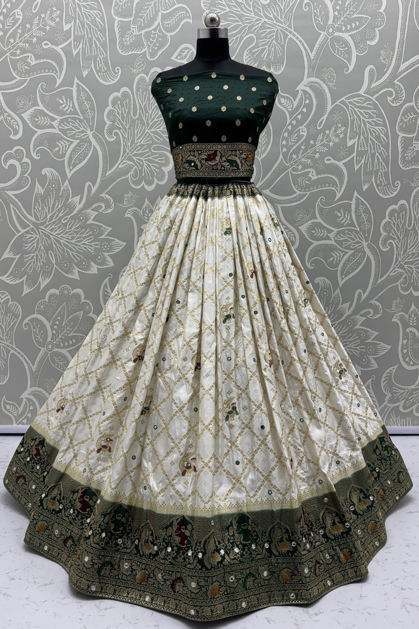 Dark Green and Off-White Georgette Bridal Lehenga Choli with Heavy Zari and Resham Work
