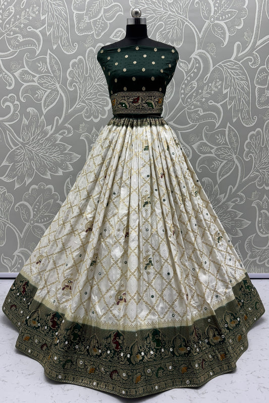 Dark Green and Off-White Georgette Bridal Lehenga Choli with Heavy Zari and Resham Work