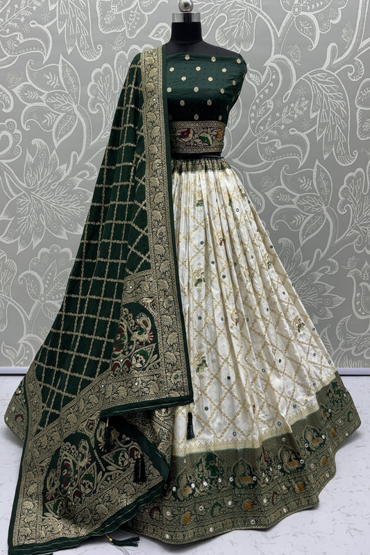 Dark Green and Off-White Georgette Bridal Lehenga Choli with Heavy Zari and Resham Work