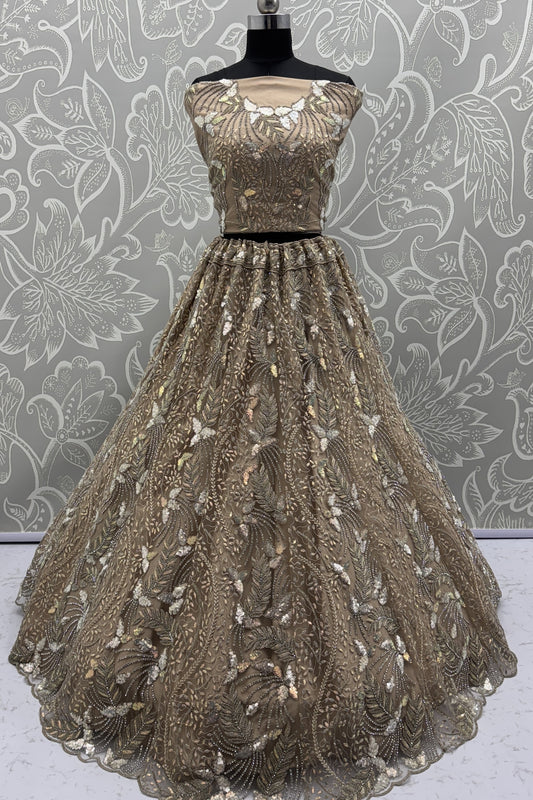 Royal Golden Net Bridal Lehenga Choli with Heavy Sequins and Thread Embroidery