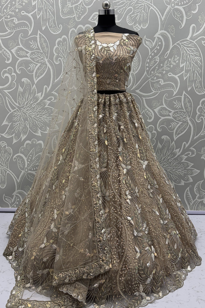 Royal Golden Net Bridal Lehenga Choli with Heavy Sequins and Thread Embroidery