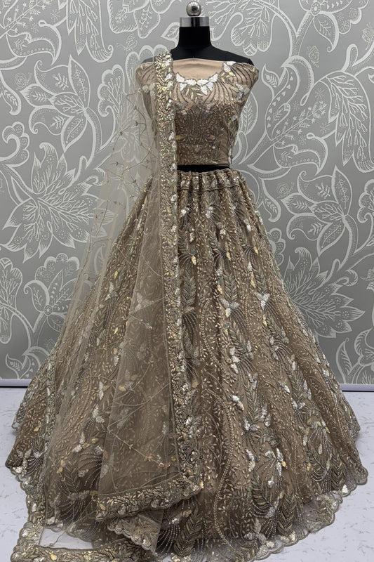 Royal Golden Net Bridal Lehenga Choli with Heavy Sequins and Thread Embroidery