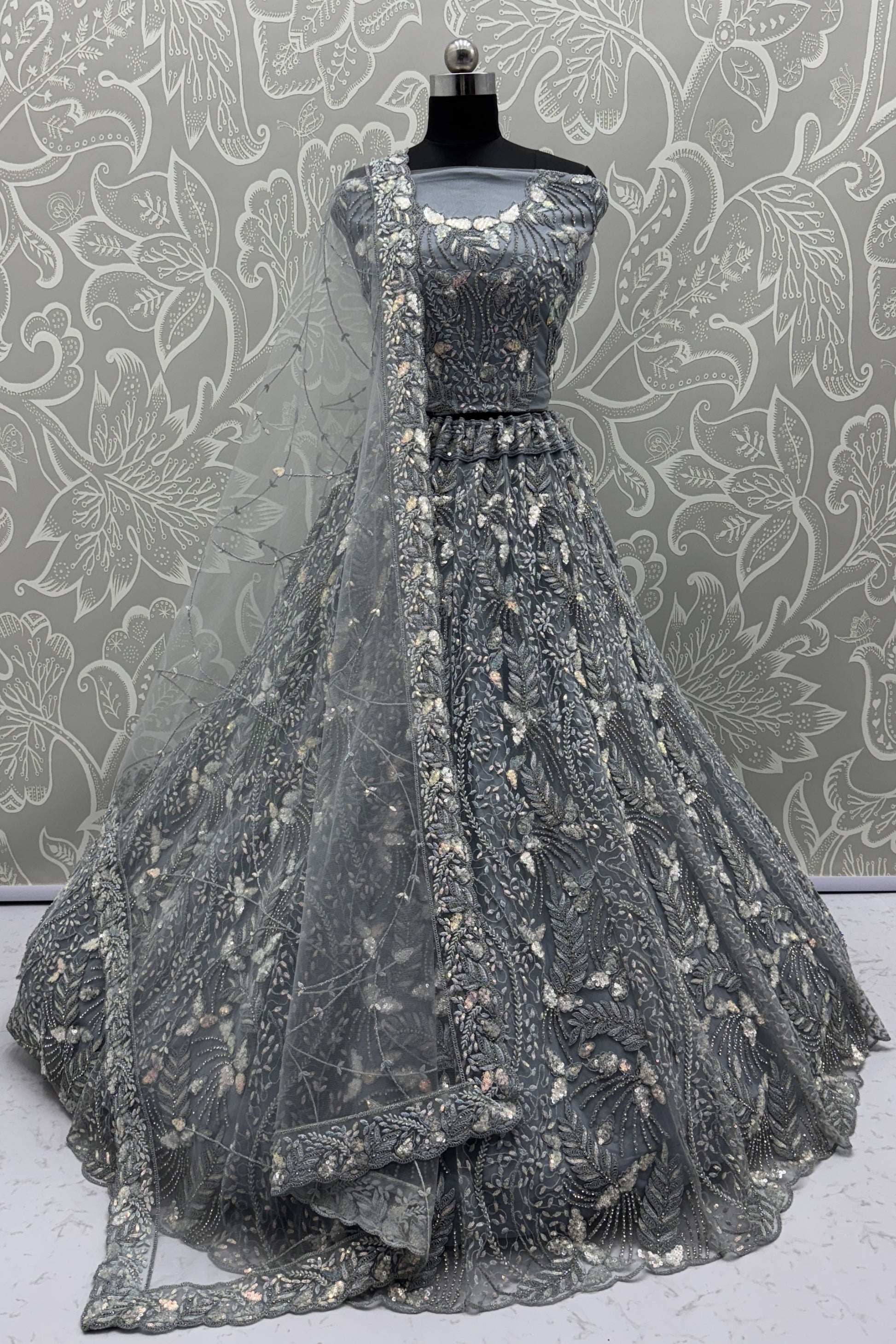 Modern Grey Net Bridal Lehenga Choli with Heavy Sequins and Thread Embroidery