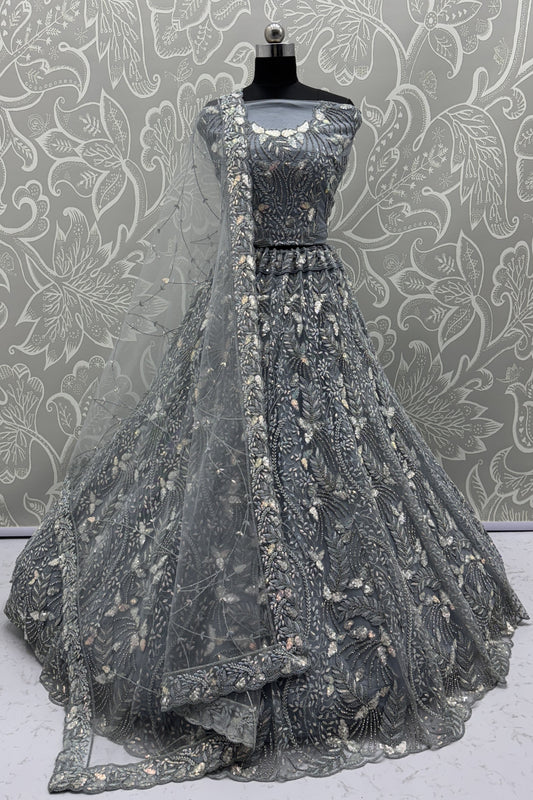 Modern Grey Net Bridal Lehenga Choli with Heavy Sequins and Thread Embroidery
