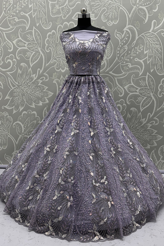 Elegant Lavender Net Bridal Lehenga Choli with Heavy Sequins and Thread Embroidery