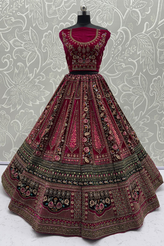 Delicate Burgundy Velvet Bridal Lehenga Choli with Heavy Mirror and Zari Embroidery Work