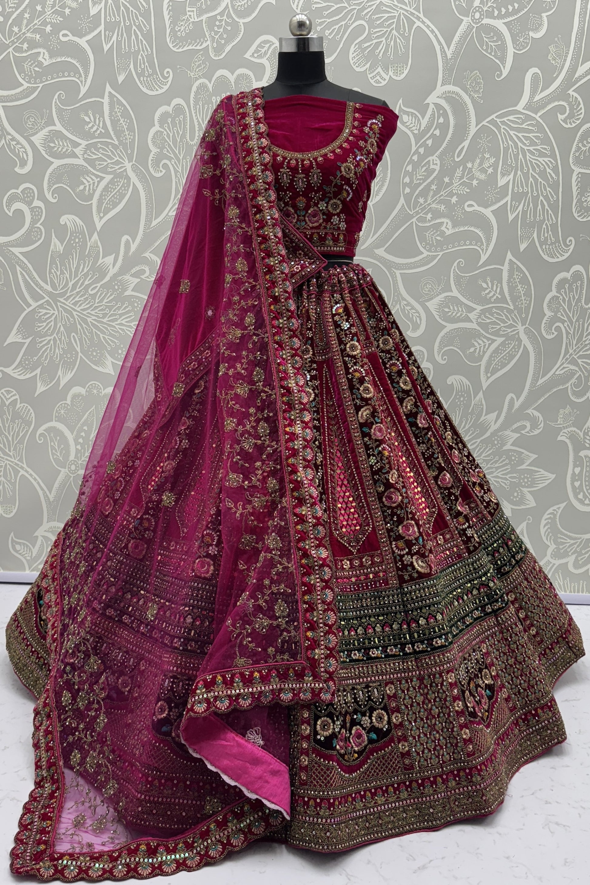 Delicate Burgundy Velvet Bridal Lehenga Choli with Heavy Mirror and Zari Embroidery Work