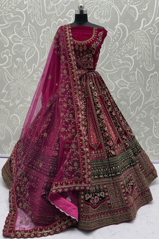 Delicate Burgundy Velvet Bridal Lehenga Choli with Heavy Mirror and Zari Embroidery Work