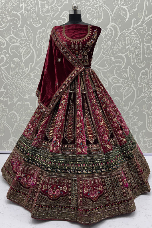 Fabulous Maroon Velvet Bridal Lehenga Choli with Heavy Mirror and Zari Embroidery Work