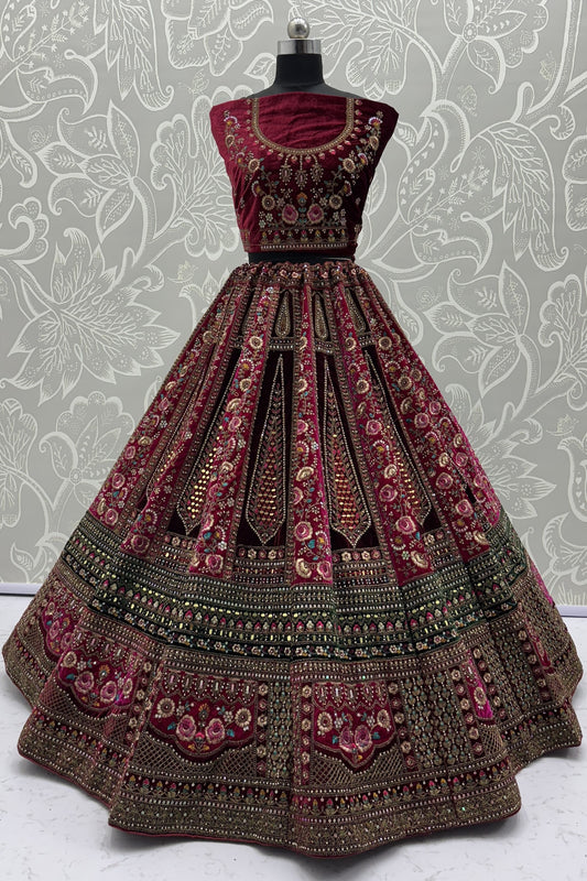 Fabulous Maroon Velvet Bridal Lehenga Choli with Heavy Mirror and Zari Embroidery Work