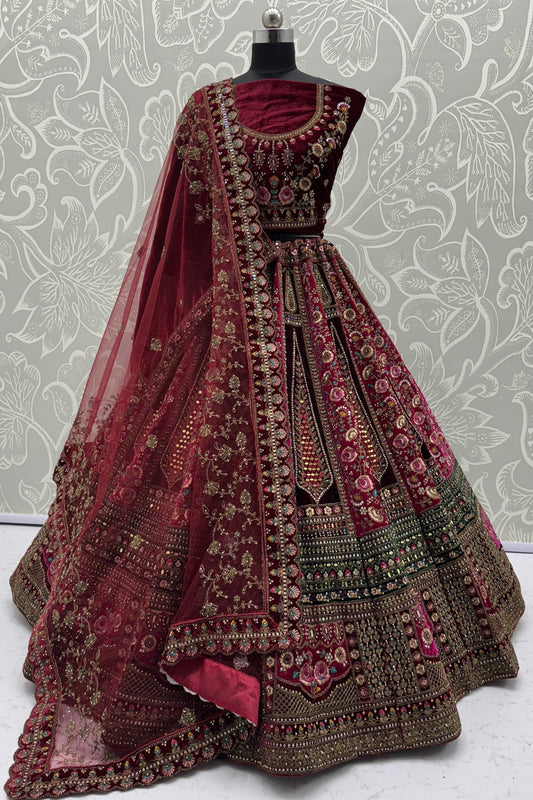 Fabulous Maroon Velvet Bridal Lehenga Choli with Heavy Mirror and Zari Embroidery Work