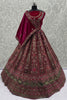 Elegant Wine Velvet Bridal Lehenga Choli with Heavy Mirror and Zari Embroidery Work