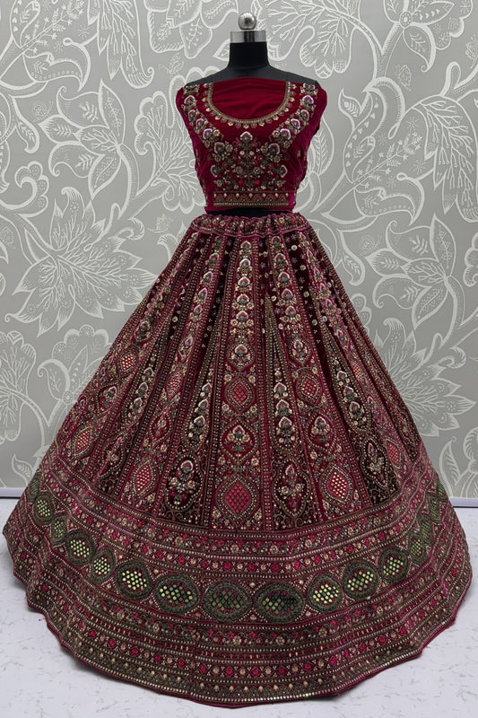 Elegant Wine Velvet Bridal Lehenga Choli with Heavy Mirror and Zari Embroidery Work