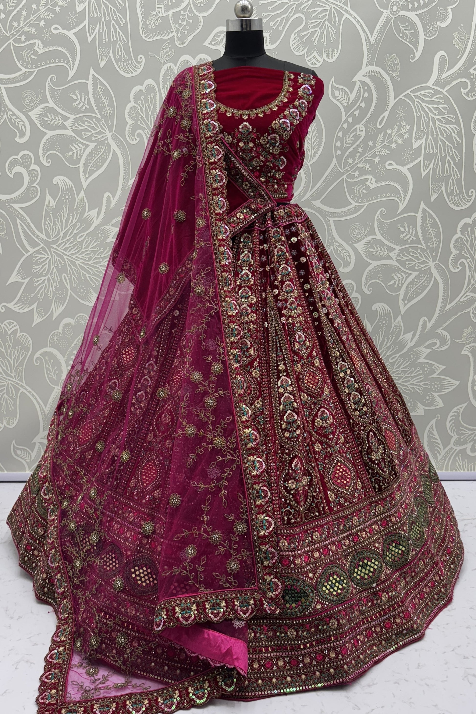Elegant Wine Velvet Bridal Lehenga Choli with Heavy Mirror and Zari Embroidery Work