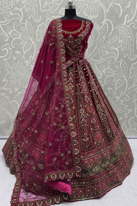 Elegant Wine Velvet Bridal Lehenga Choli with Heavy Mirror and Zari Embroidery Work