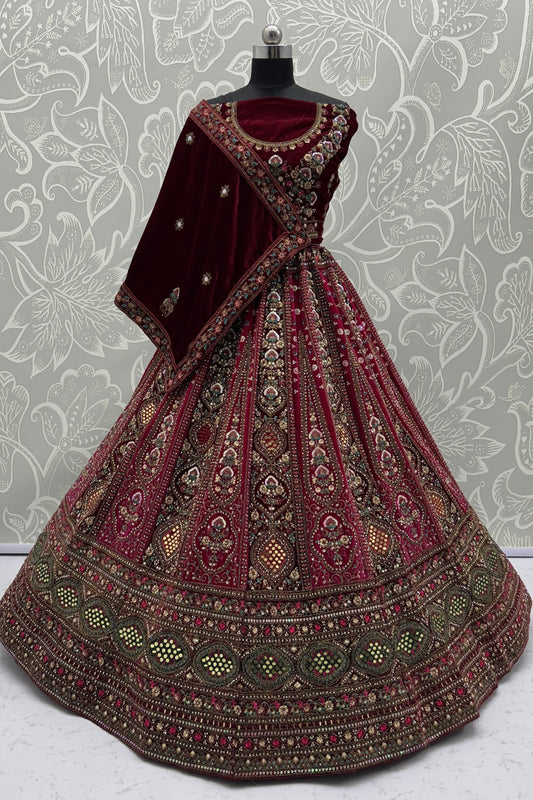 Designer Maroon Velvet Bridal Lehenga Choli with Heavy Mirror and Zari Embroidery Work