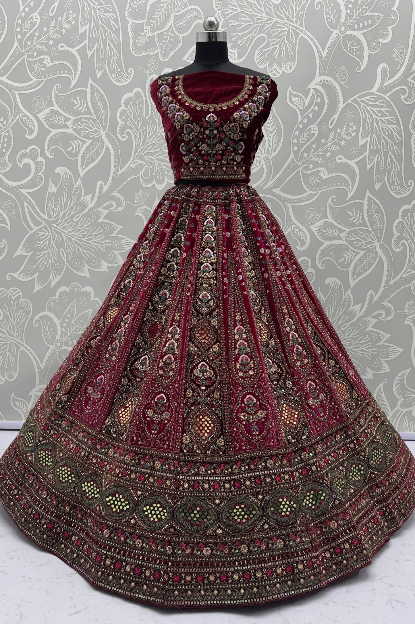 Designer Maroon Velvet Bridal Lehenga Choli with Heavy Mirror and Zari Embroidery Work