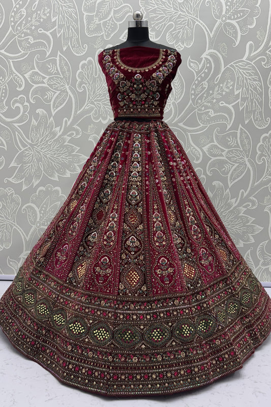Designer Maroon Velvet Bridal Lehenga Choli with Heavy Mirror and Zari Embroidery Work