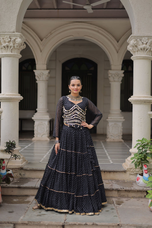Stylish Black Bandhani Print Faux Georgette Lehenga Choli with Mirror Work
