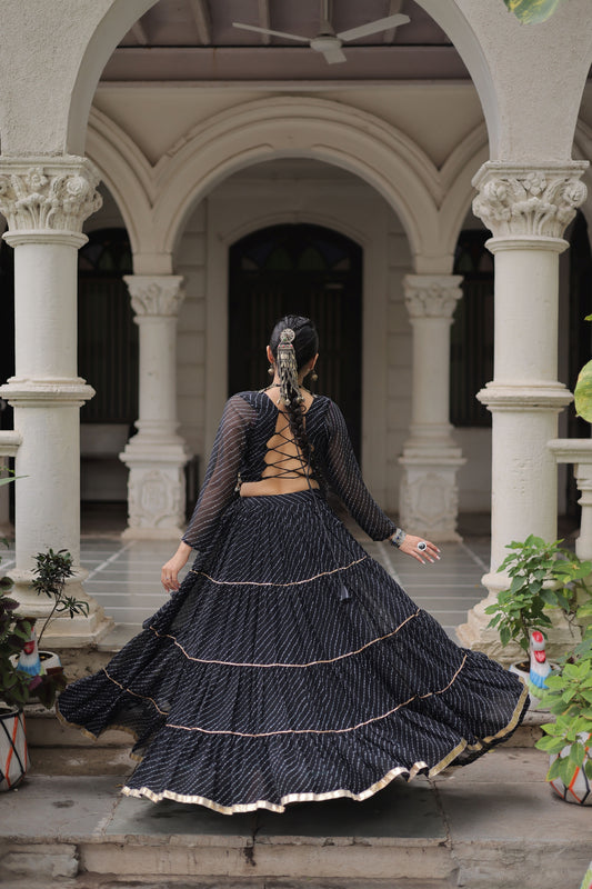 Stylish Black Bandhani Print Faux Georgette Lehenga Choli with Mirror Work