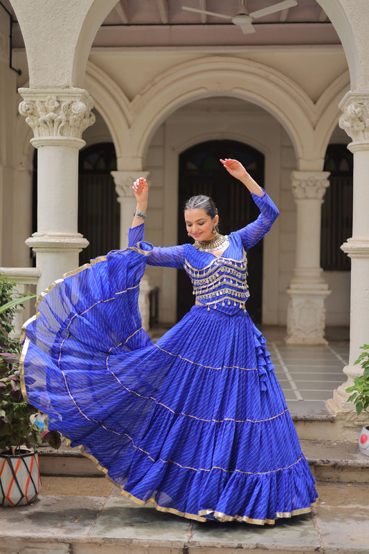 Royal Blue Bandhani Print Faux Georgette Lehenga Choli with Mirror Work