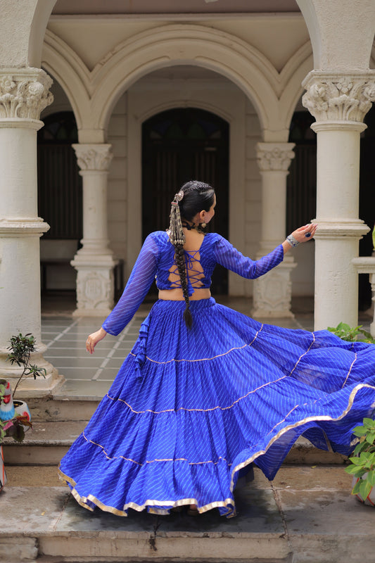 Royal Blue Bandhani Print Faux Georgette Lehenga Choli with Mirror Work