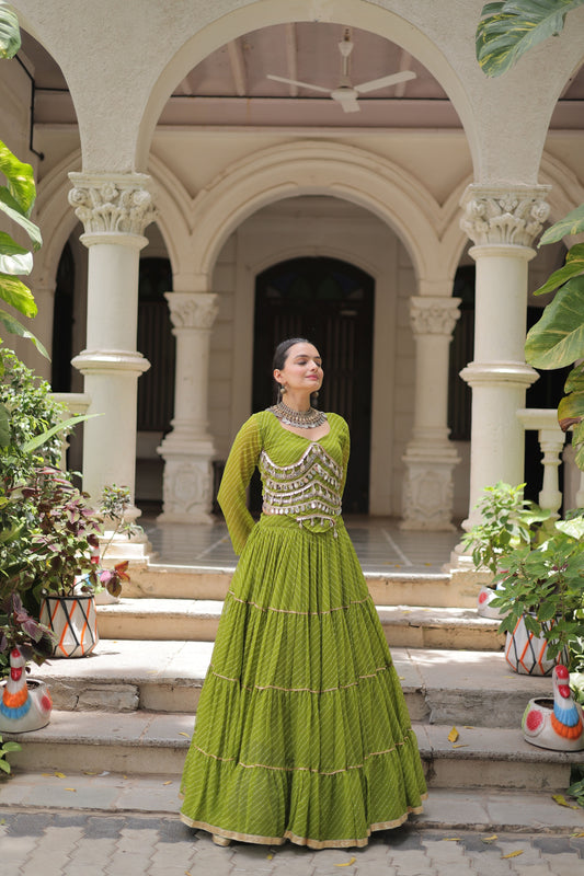 Refreshing Green Bandhani Print Faux Georgette Lehenga Choli with Mirror Work