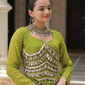Refreshing Green Bandhani Print Faux Georgette Lehenga Choli with Mirror Work