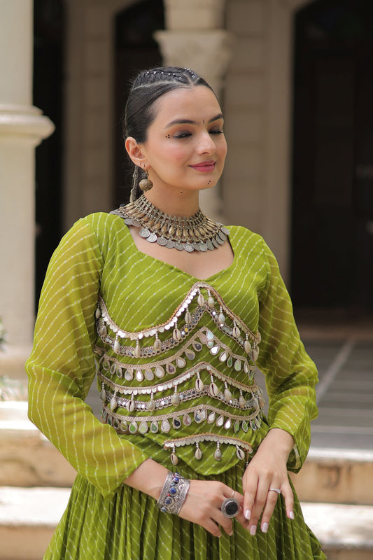 Refreshing Green Bandhani Print Faux Georgette Lehenga Choli with Mirror Work