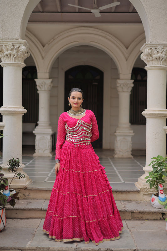 Vibrant Rani Pink Bandhani Print Faux Georgette Lehenga Choli with Mirror Work