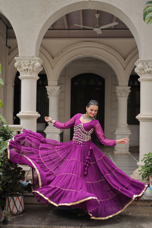 Wonderful Purple Bandhani Print Faux Georgette Lehenga Choli with Mirror Work