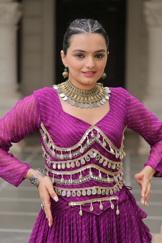 Wonderful Purple Bandhani Print Faux Georgette Lehenga Choli with Mirror Work