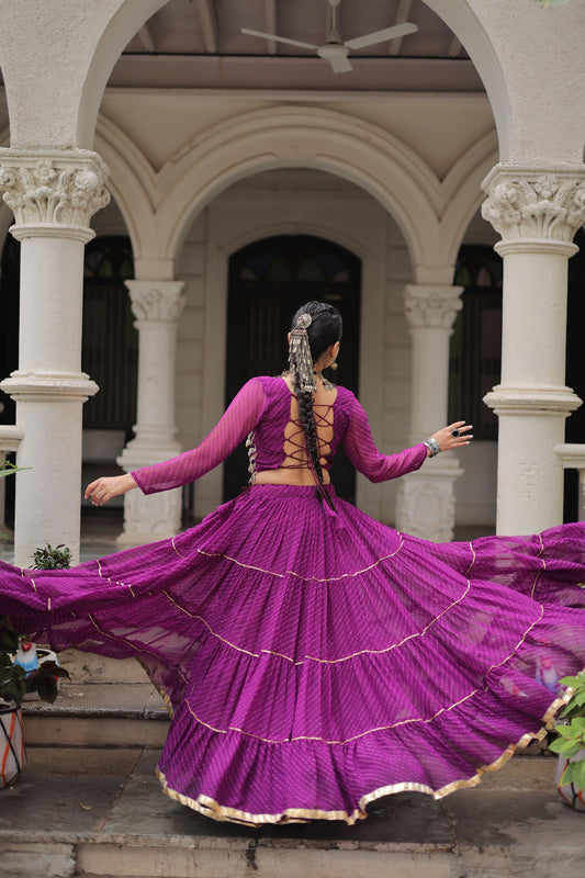 Wonderful Purple Bandhani Print Faux Georgette Lehenga Choli with Mirror Work