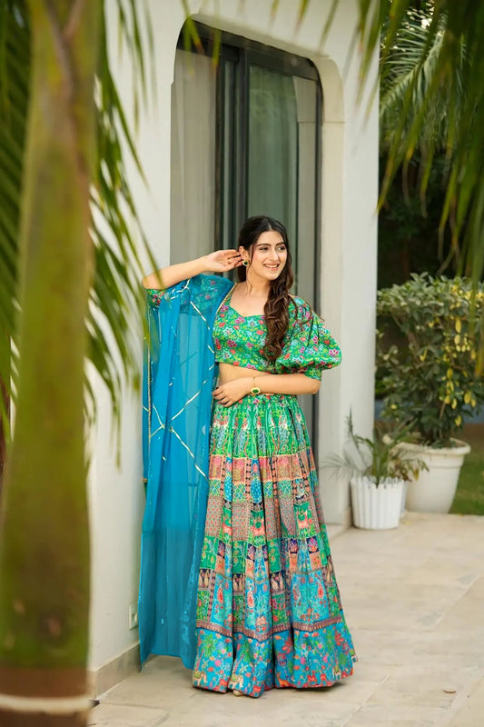Pretty Sea Green Bandhani Printed Lehenga Choli with Dupatta