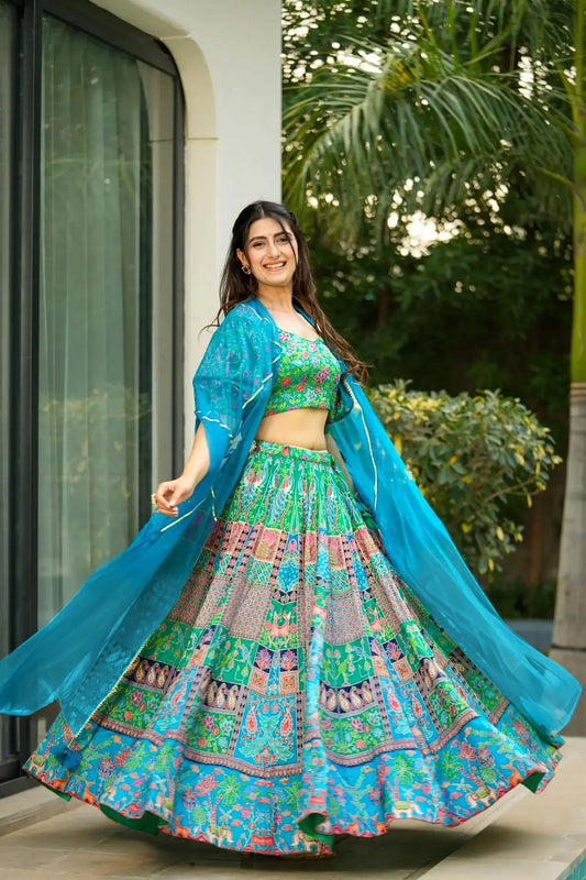 Pretty Sea Green Bandhani Printed Lehenga Choli with Dupatta
