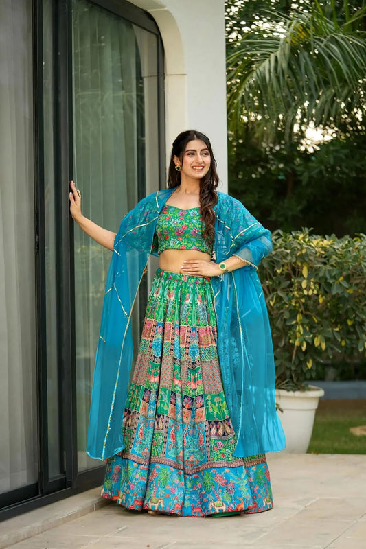 Pretty Sea Green Bandhani Printed Lehenga Choli with Dupatta