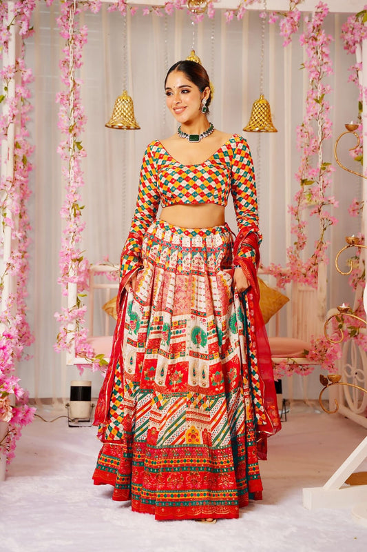 Elegant Multicolor Bandhani Printed Lehenga Choli with Red Dupatta