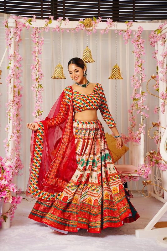 Elegant Multicolor Bandhani Printed Lehenga Choli with Red Dupatta