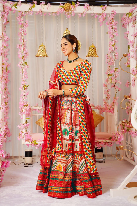 Elegant Multicolor Bandhani Printed Lehenga Choli with Red Dupatta