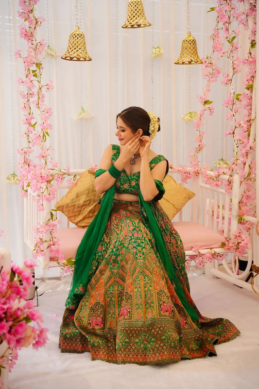 Graceful Green Floral Bandhani Printed Lehenga Choli with Matching Dupatta