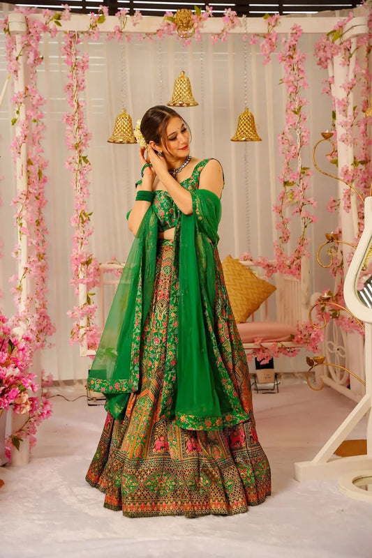 Graceful Green Floral Bandhani Printed Lehenga Choli with Matching Dupatta