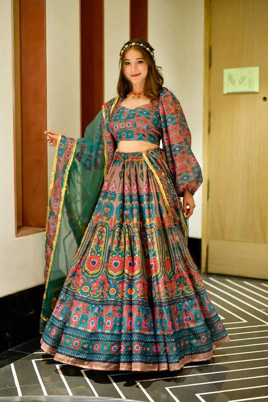 Stunning Green Multicolor Gujarati Embroidered Navratri Chaniya Choli with Dupatta
